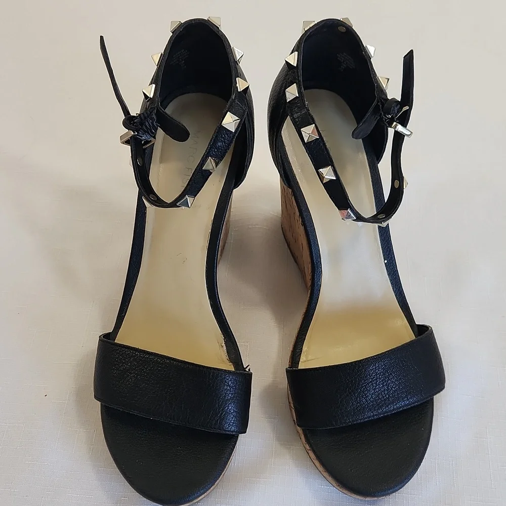 Marc Fisher Black Leather Studded Cork Wedges. Size 9.5